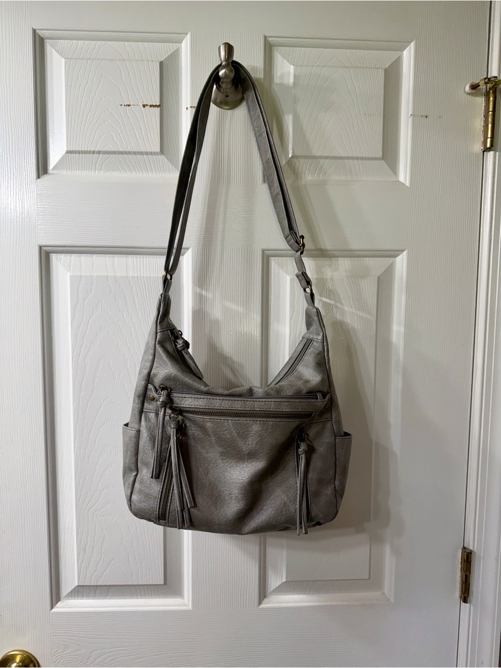 Gray Shoulder Hobo Bag with Tassel Zipper Accents